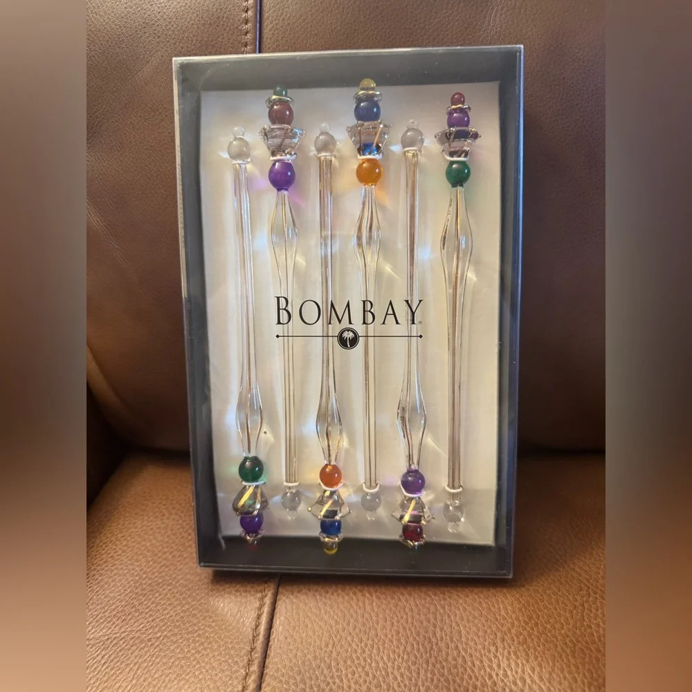 NIB Bombay set of six glass cocktail crown jewel swizzle sticks